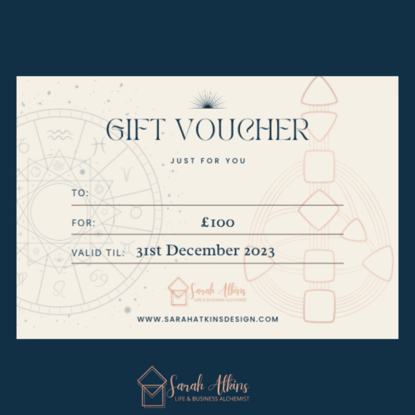 £100 Voucher for Sarah Atkins Design products or services. Dark background with parchment.